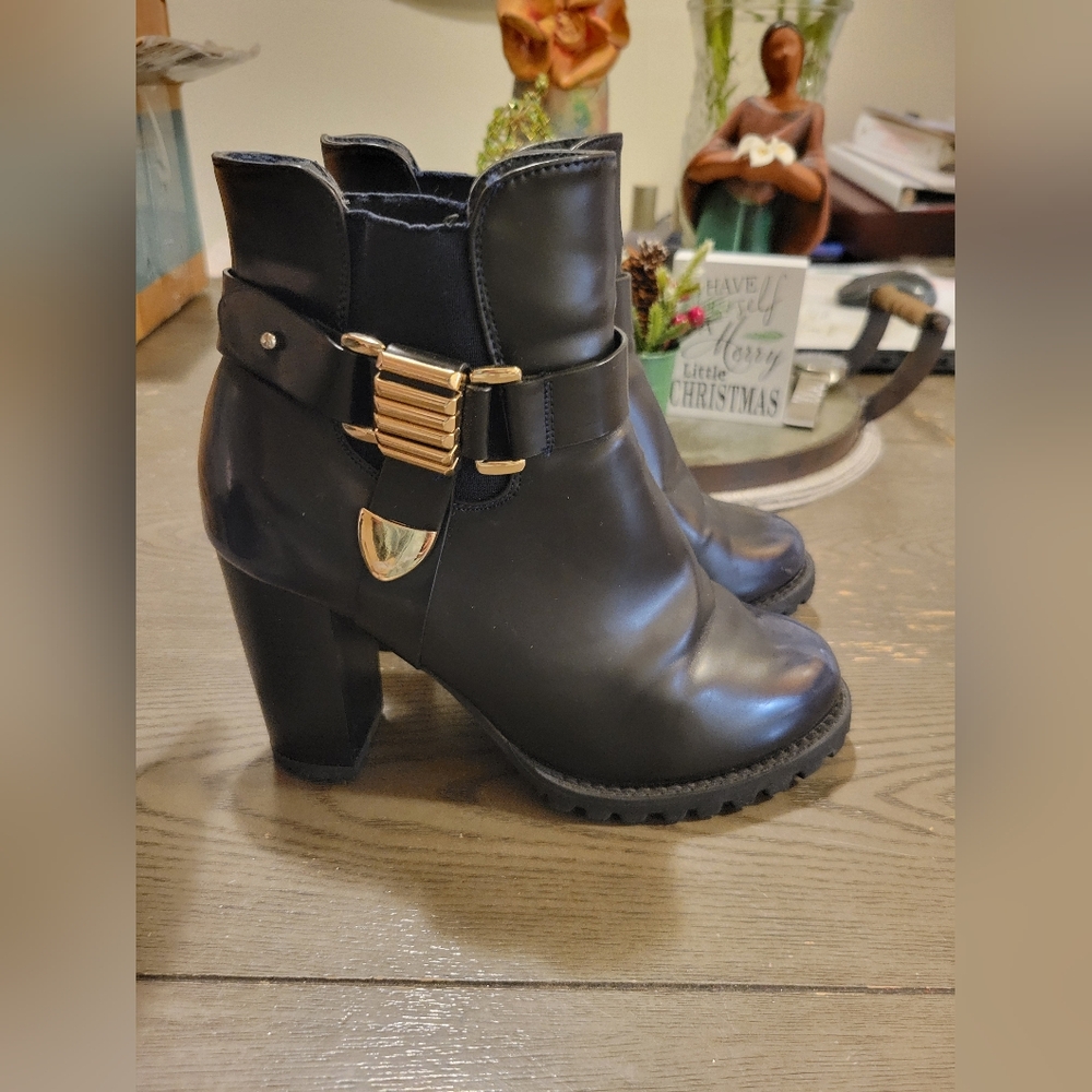 Elegant Navy Blue Heeled Boots with Gold Buckle- CLEARENCE